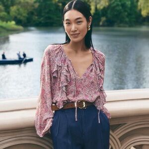 Ann Taylor Floral Tie-neck Ruffle Popover Blouse